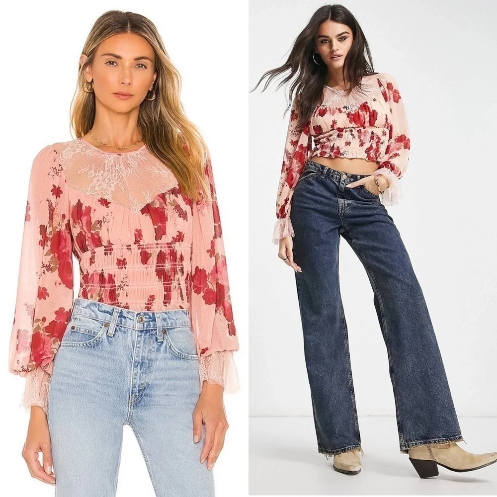 FREE PEOPLE Floral Lace Trim Ruffle Smocked Coquette Fairy Cottagecore Top XS